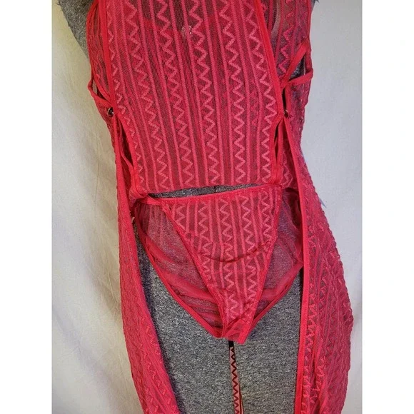 Vintage 80s 90s Red Mesh Geometric Double Slit Nightgown Lingerie Long Sheer M‎